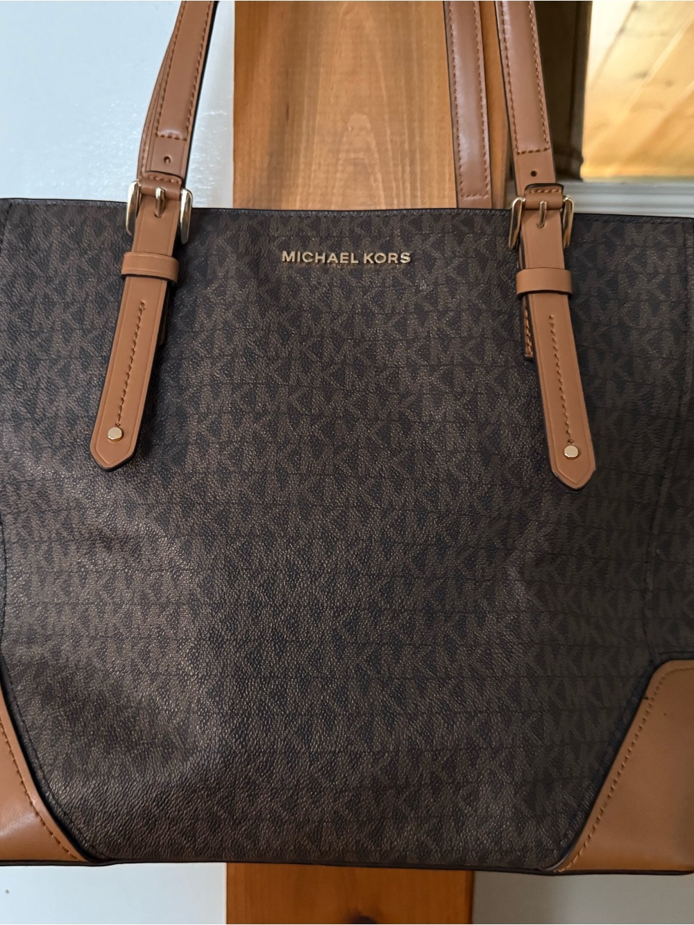 Michael Kors Dark Brown Monogram Tote with Tan Trim